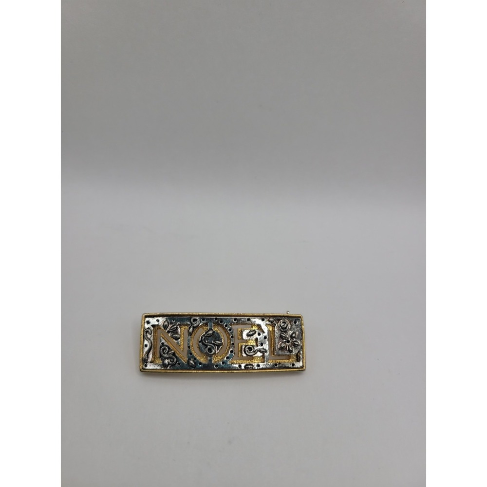 Danecraft NOEL Christmas Brooch Gold Silver Tone Floral Holiday Pin Vintage